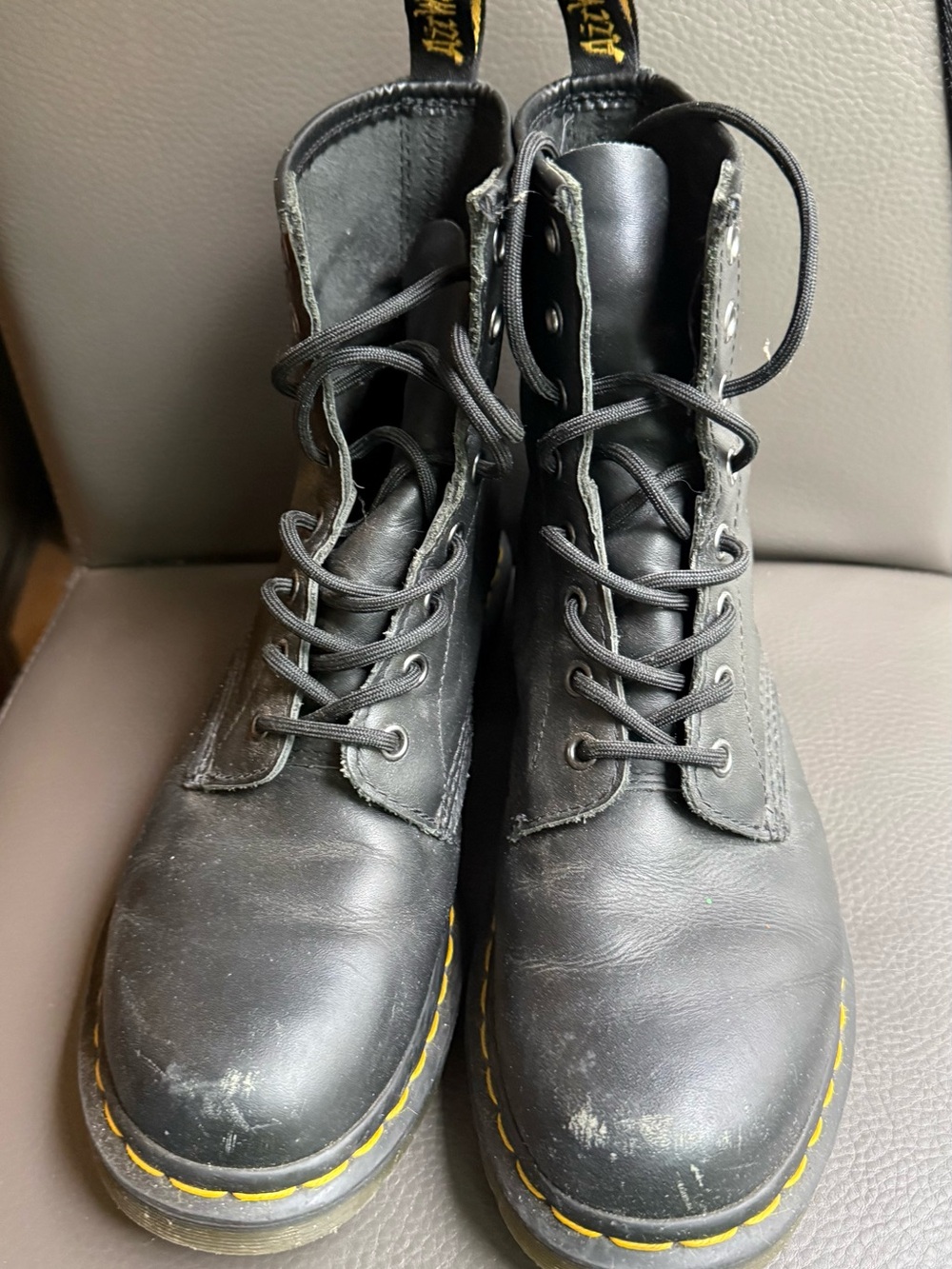 Dr Martens Black Lace-Up Combat Boots with Yellow Stitching. The Original